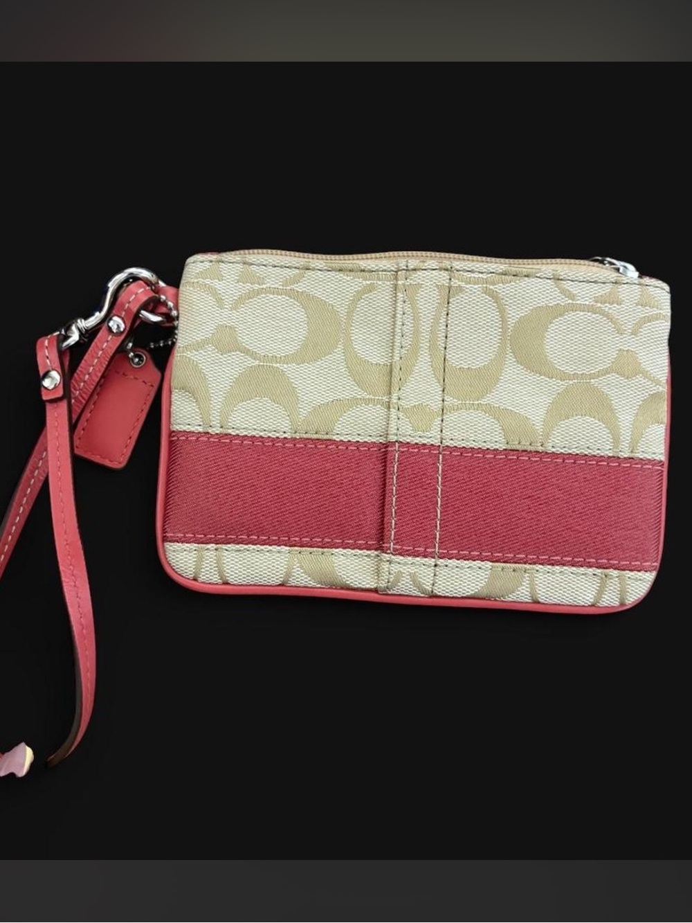 Coach Khaki Signature Canvas Wristlet with Coral Trim
